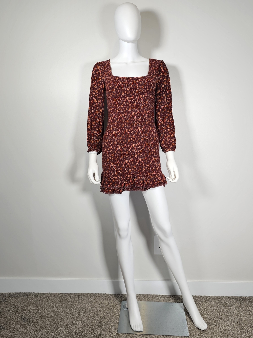 Lost + Wander Burgundy Floral Square-Neck Mini Dress Sz S